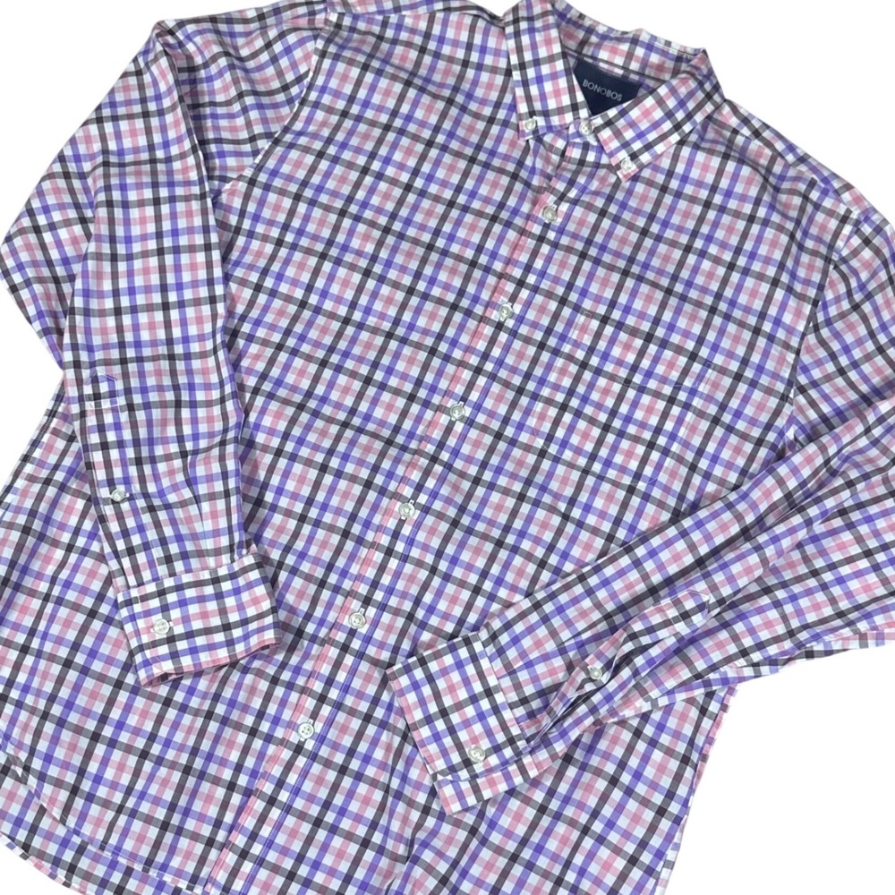 Bonobos‎ Button Down Mens L Purple Pink Plaid Slim Fit Cotton 18122-MTE90